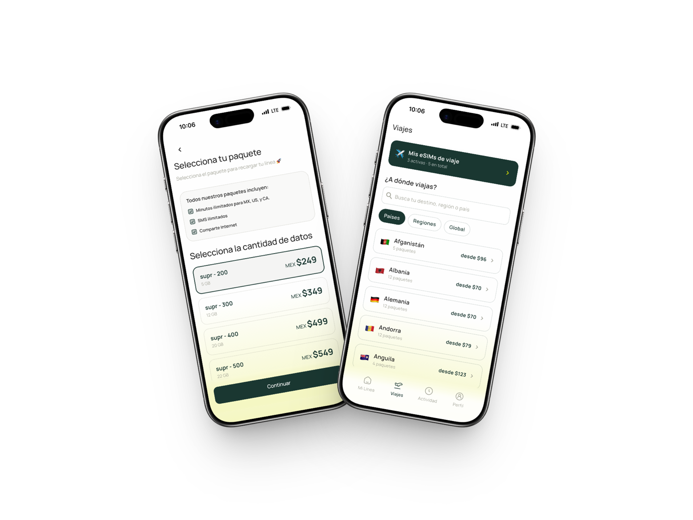 Dos pantallas de la app de supr: la selección de paquetes de datos y las eSIMs de viaje por país